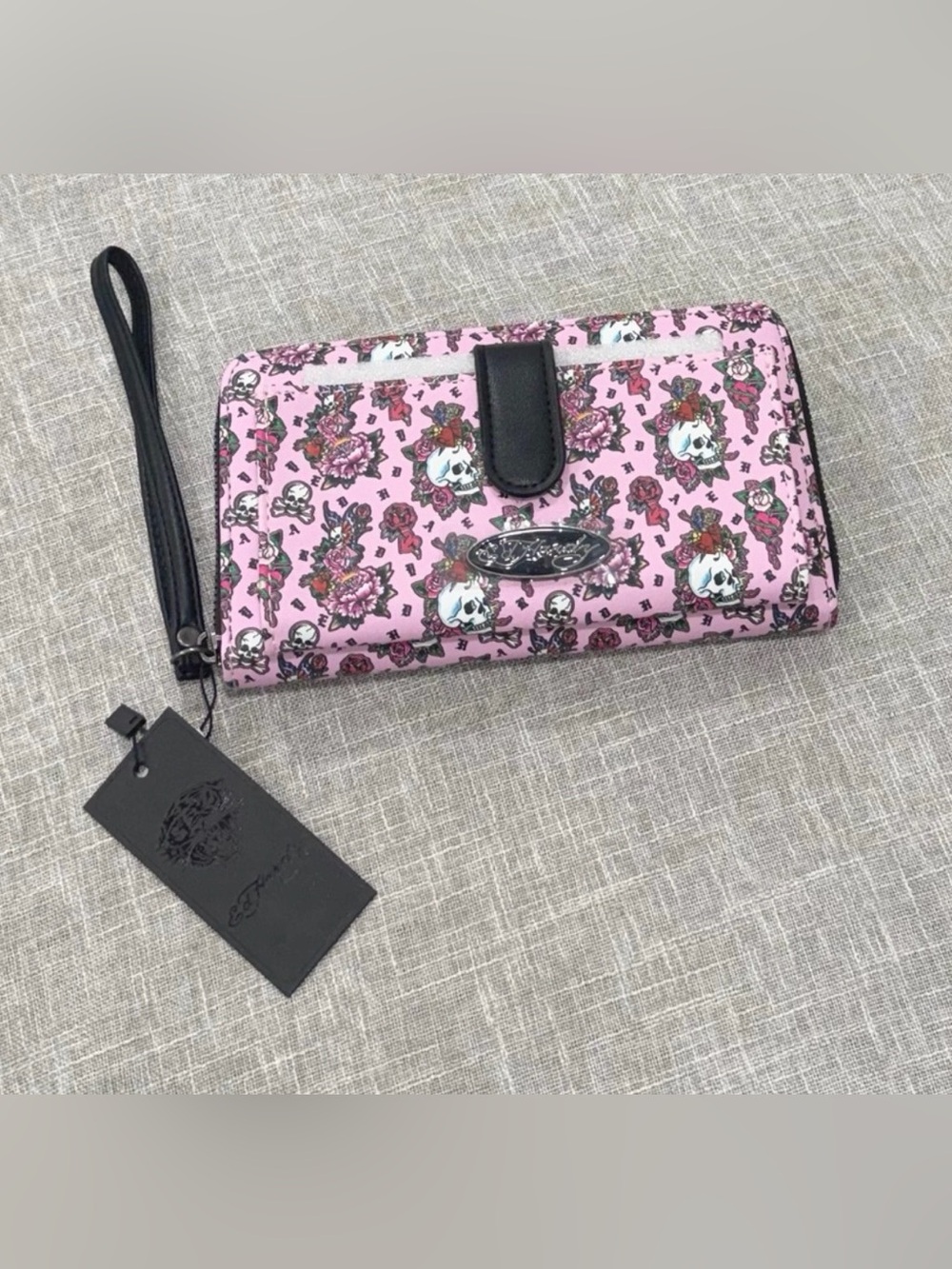 Ed Hardy Pink Wristlet Wallet with Skull & Rose Print